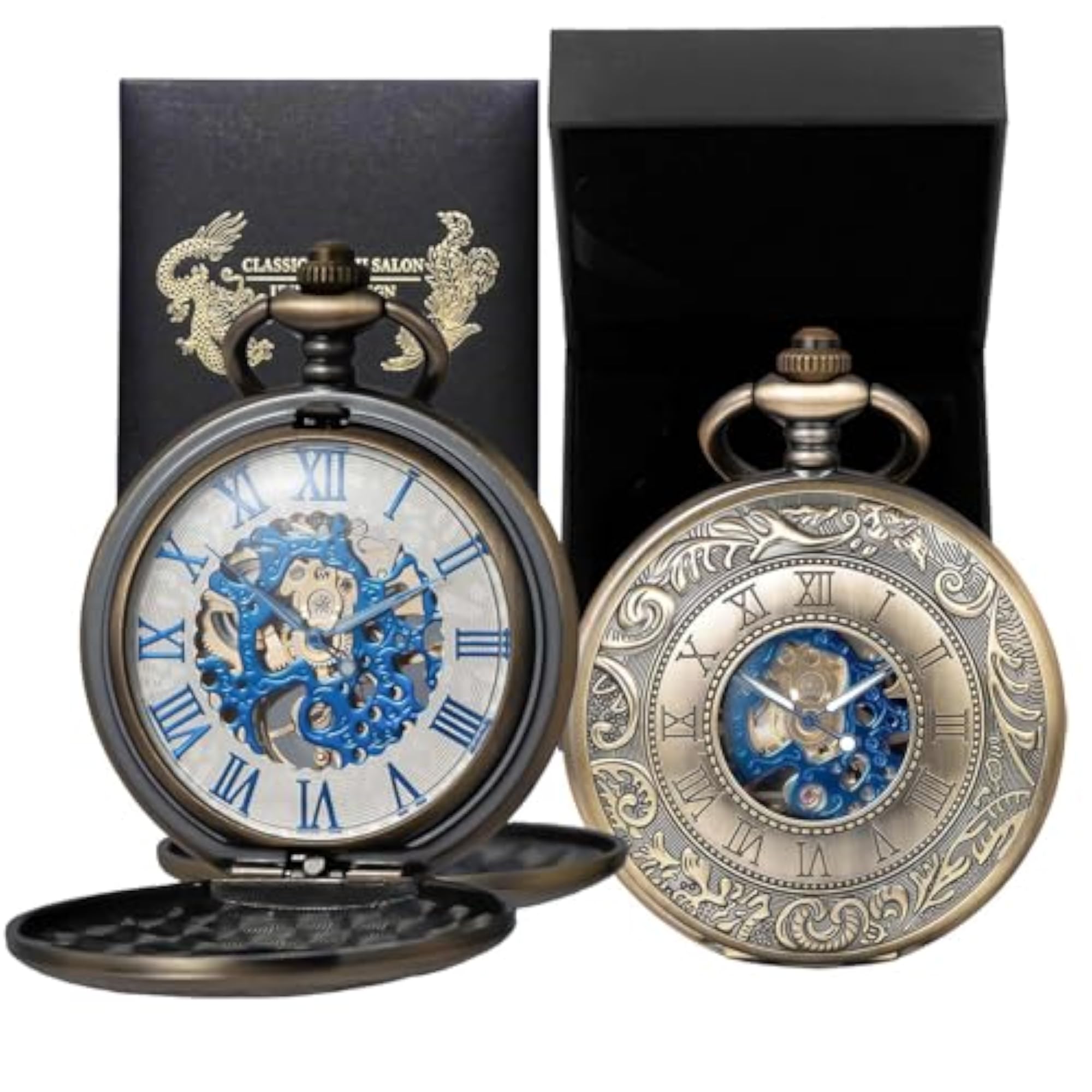 Mechanical Bronze Skeleton Pocket Watch with Chain, Gift for Him